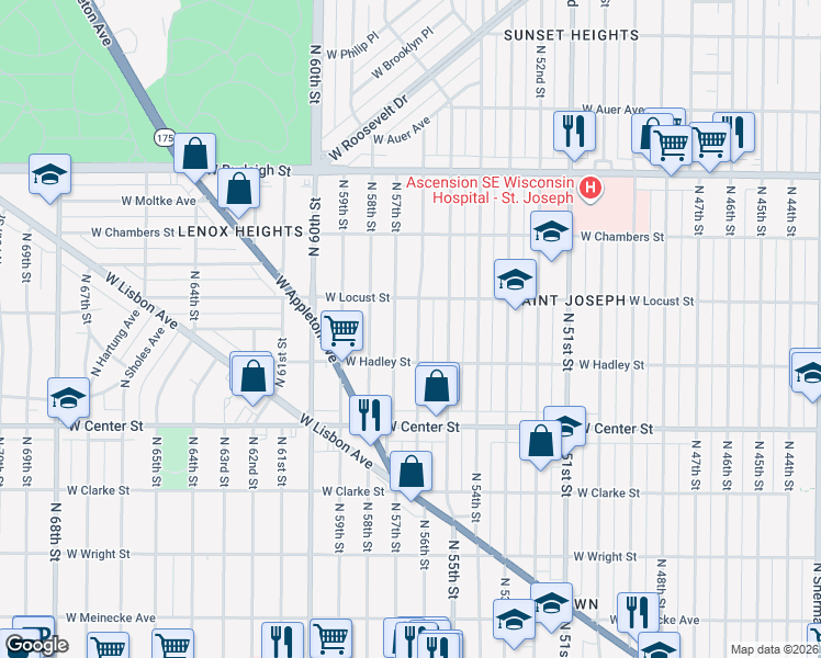 map of restaurants, bars, coffee shops, grocery stores, and more near 2850 North 57th Street in Milwaukee