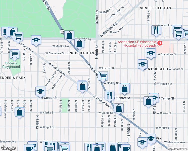 map of restaurants, bars, coffee shops, grocery stores, and more near 2856 North 61st Street in Milwaukee