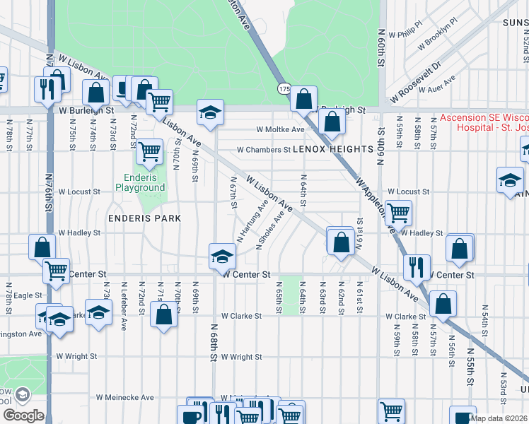 map of restaurants, bars, coffee shops, grocery stores, and more near 2850 North Hartung Avenue in Milwaukee