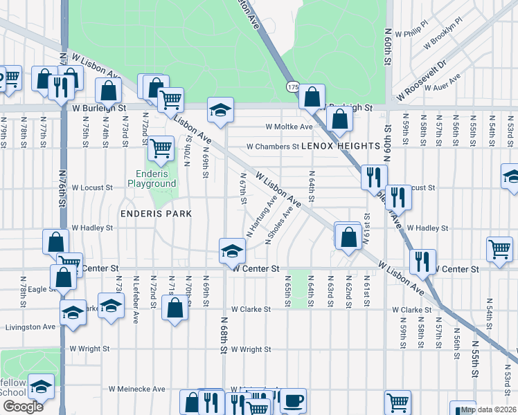 map of restaurants, bars, coffee shops, grocery stores, and more near 6675 West Locust Street in Milwaukee