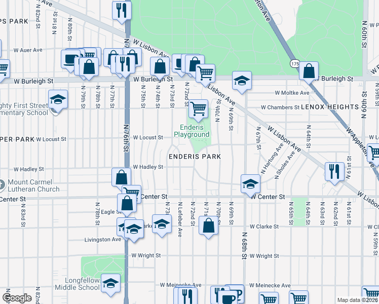 map of restaurants, bars, coffee shops, grocery stores, and more near 2853 North 72nd Street in Milwaukee