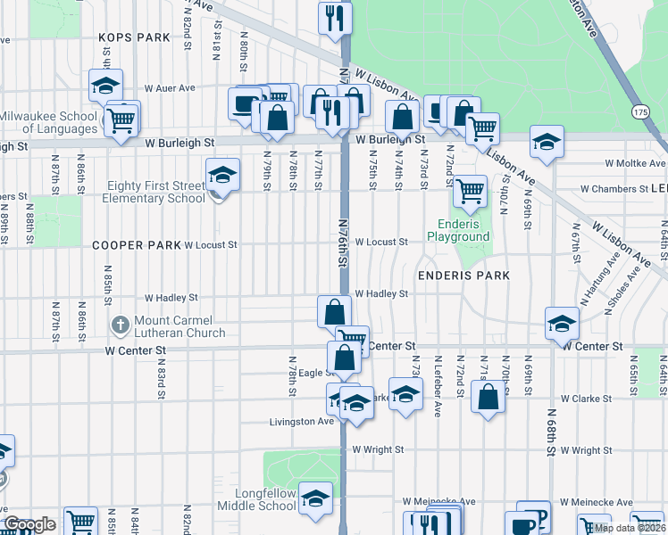 map of restaurants, bars, coffee shops, grocery stores, and more near 2849 North 76th Street in Milwaukee