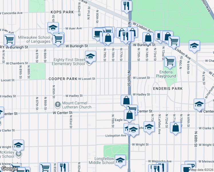map of restaurants, bars, coffee shops, grocery stores, and more near 2850 North 79th Street in Milwaukee
