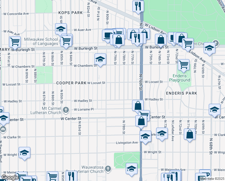 map of restaurants, bars, coffee shops, grocery stores, and more near 2850 North 79th Street in Milwaukee