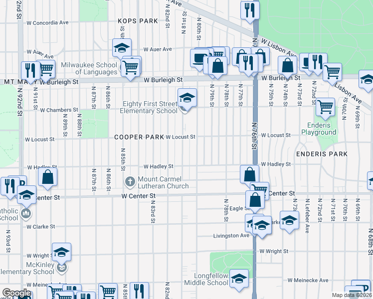 map of restaurants, bars, coffee shops, grocery stores, and more near 2857 North 81st Street in Milwaukee