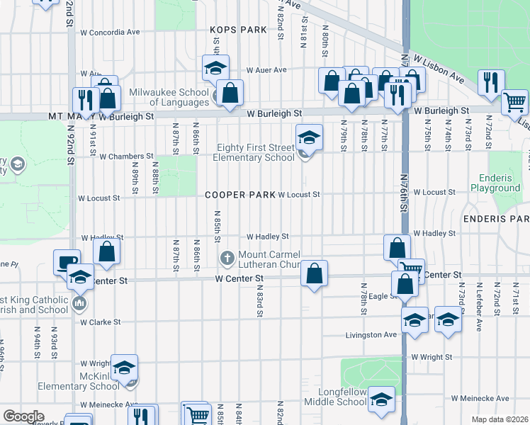 map of restaurants, bars, coffee shops, grocery stores, and more near 2851 North 82nd Street in Milwaukee