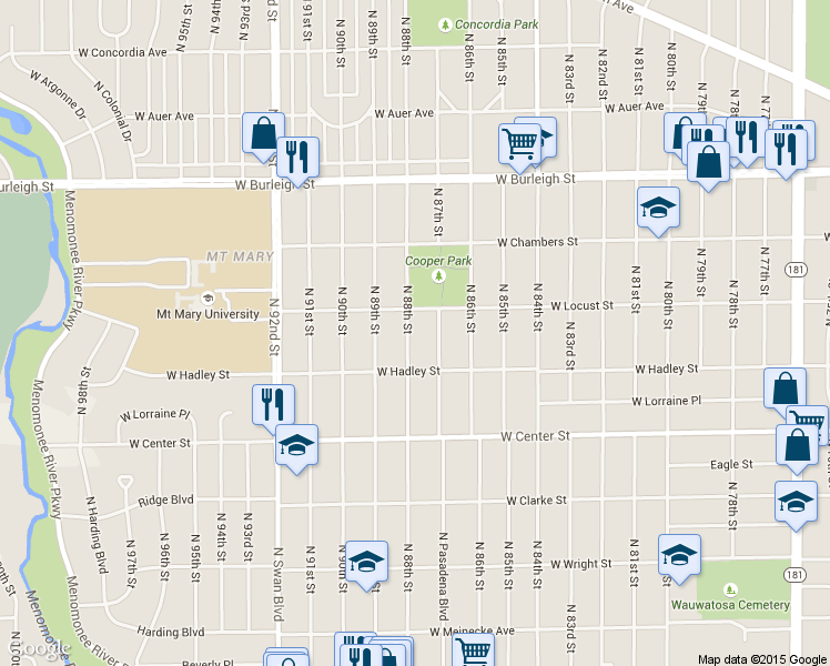 map of restaurants, bars, coffee shops, grocery stores, and more near 2857 North 87th Street in Milwaukee