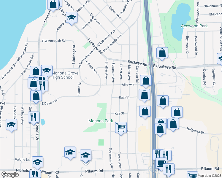 map of restaurants, bars, coffee shops, grocery stores, and more near 4601 Allis Avenue in Madison