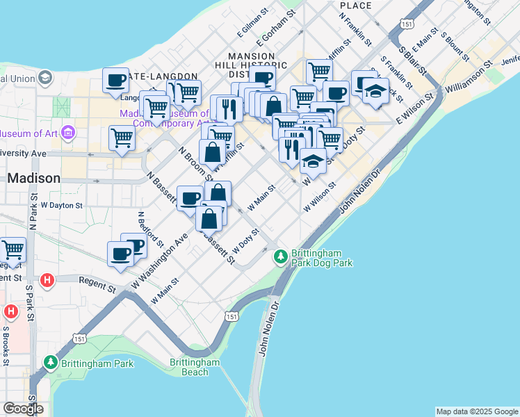 map of restaurants, bars, coffee shops, grocery stores, and more near 333 West Main Street in Madison
