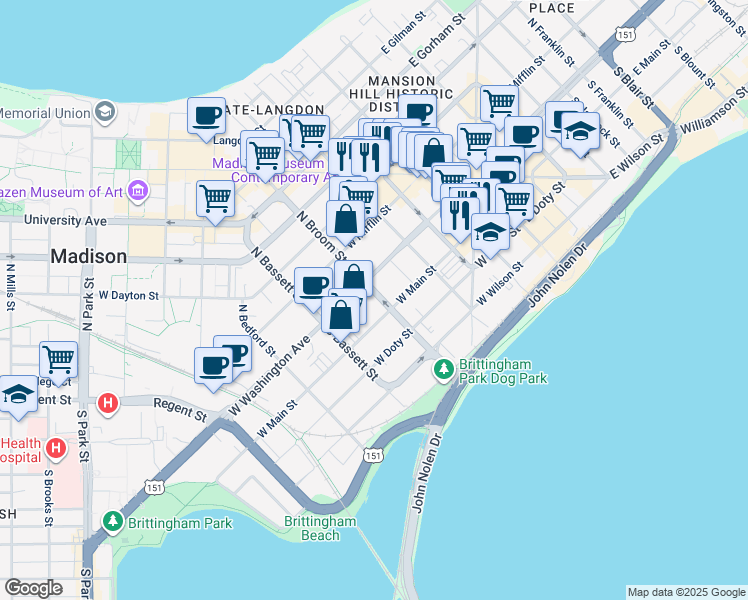 map of restaurants, bars, coffee shops, grocery stores, and more near 31 South Broom Street in Madison