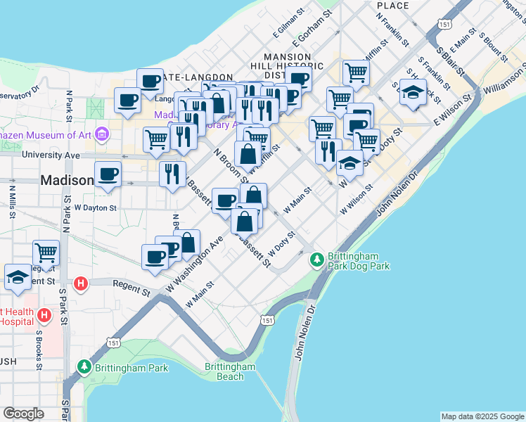 map of restaurants, bars, coffee shops, grocery stores, and more near 5 North Broom Street in Madison