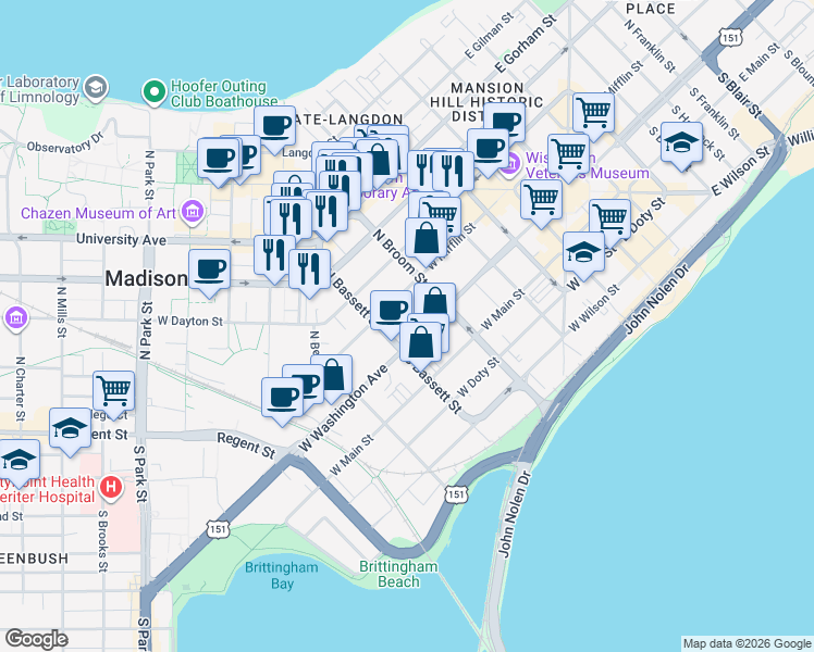 map of restaurants, bars, coffee shops, grocery stores, and more near 441 West Mifflin Street in Madison