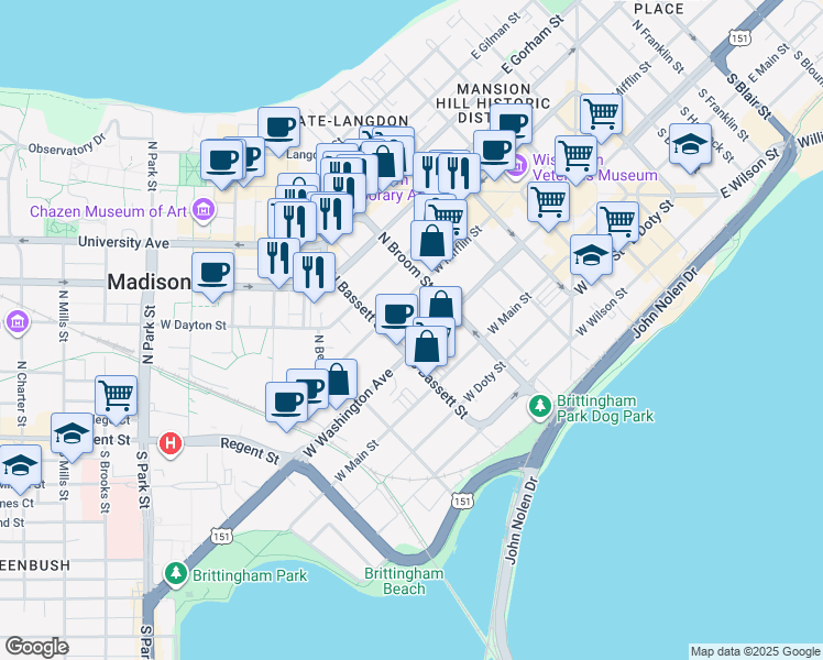 map of restaurants, bars, coffee shops, grocery stores, and more near 441 West Mifflin Street in Madison