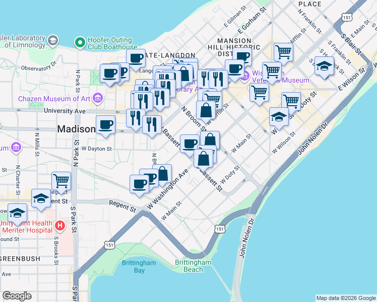 map of restaurants, bars, coffee shops, grocery stores, and more near 441 West Mifflin Street in Madison