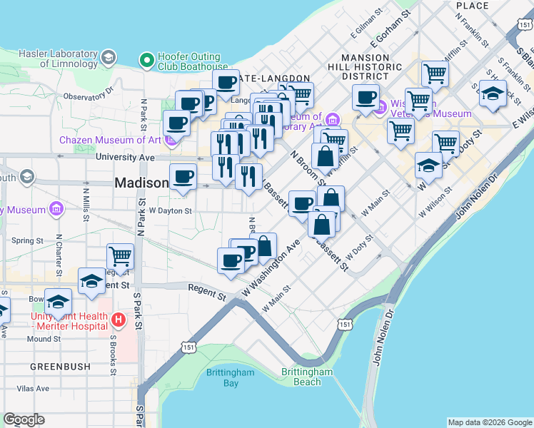 map of restaurants, bars, coffee shops, grocery stores, and more near 114 North Bassett Street in Madison