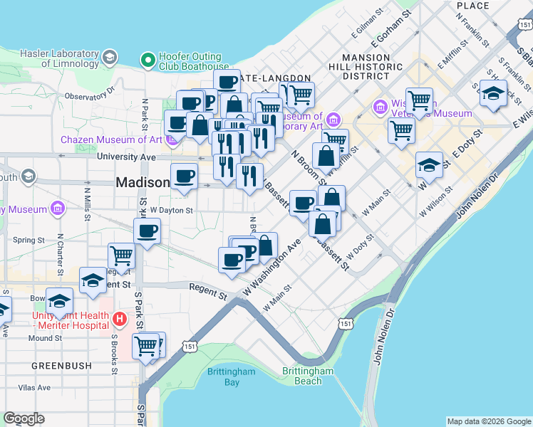 map of restaurants, bars, coffee shops, grocery stores, and more near 133 North Bedford Street in Madison