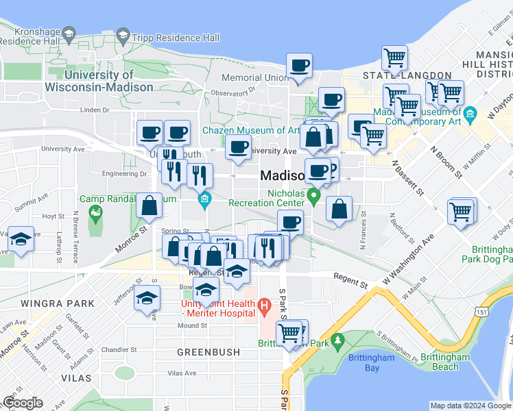 map of restaurants, bars, coffee shops, grocery stores, and more near 1014 West Dayton Street in Madison