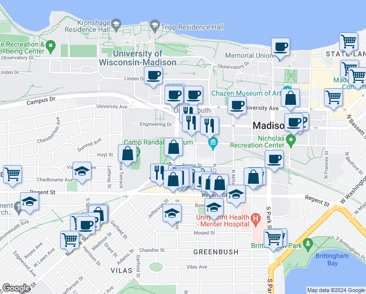 map of restaurants, bars, coffee shops, grocery stores, and more near 123 North Randall Avenue in Madison