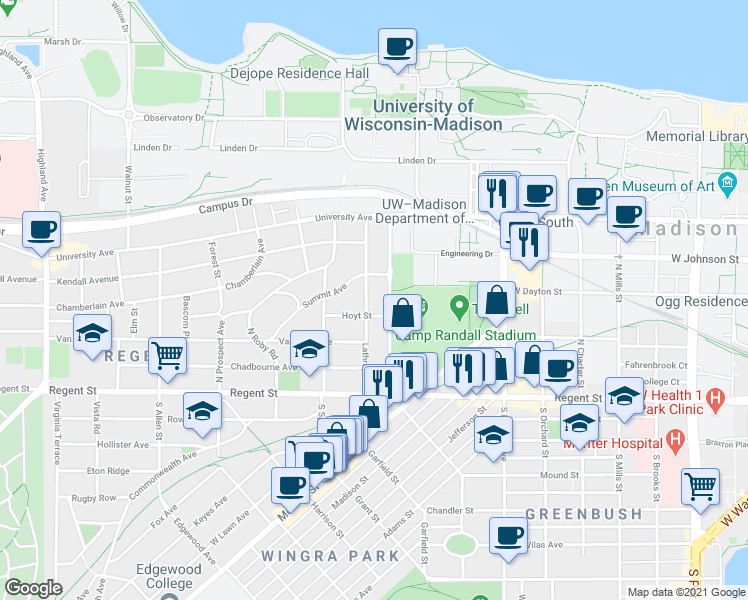 map of restaurants, bars, coffee shops, grocery stores, and more near 138 Lathrop Street in Madison