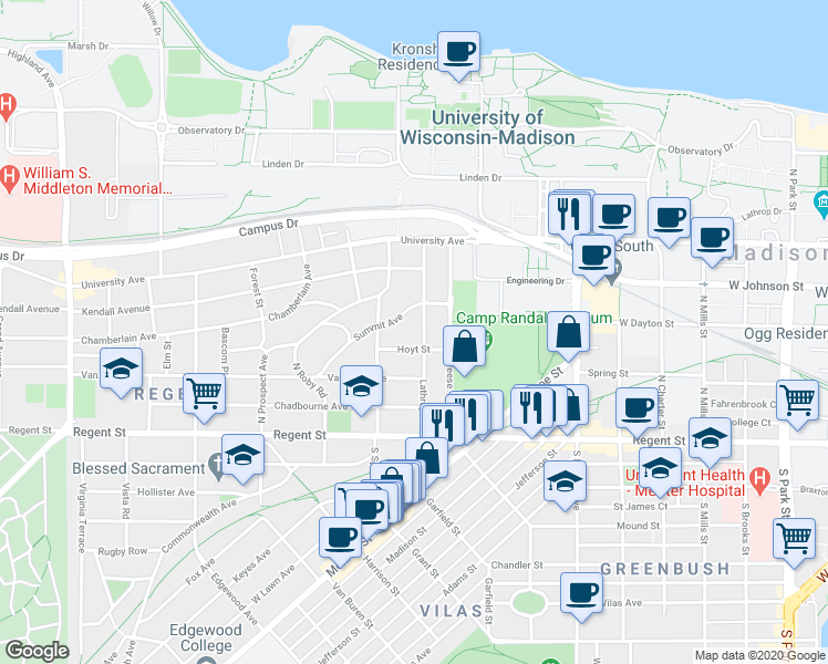 map of restaurants, bars, coffee shops, grocery stores, and more near 138 Lathrop Street in Madison