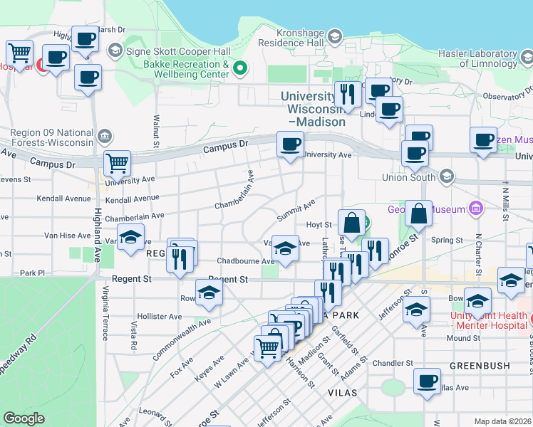 map of restaurants, bars, coffee shops, grocery stores, and more near 113 Ely Place in Madison