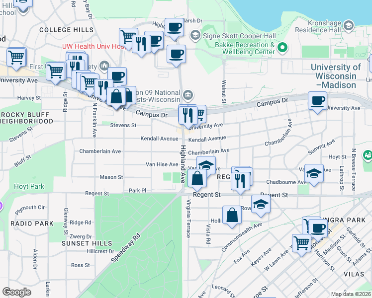 map of restaurants, bars, coffee shops, grocery stores, and more near 311 Highland Avenue in Madison