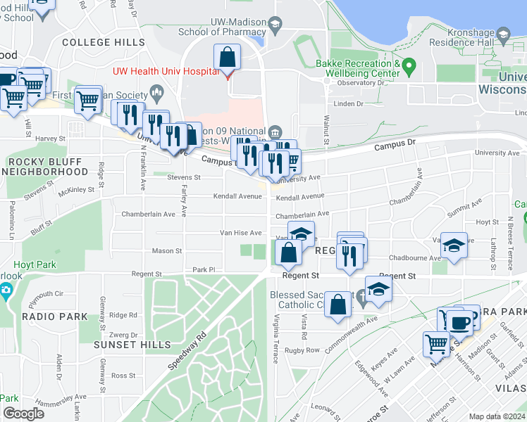 map of restaurants, bars, coffee shops, grocery stores, and more near 311 Highland Avenue in Madison