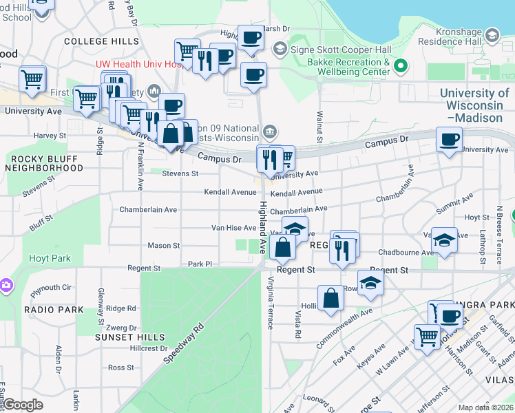 map of restaurants, bars, coffee shops, grocery stores, and more near 311 Highland Avenue in Madison