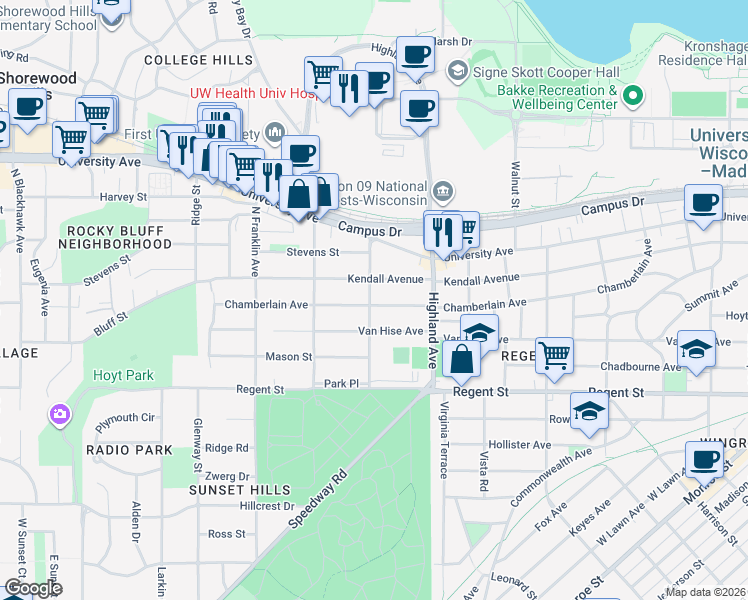 map of restaurants, bars, coffee shops, grocery stores, and more near 312 Grand Avenue in Madison
