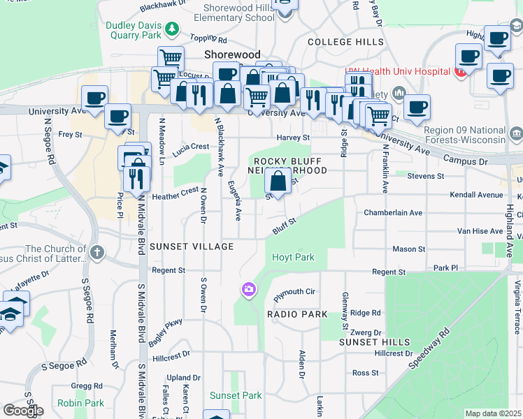 map of restaurants, bars, coffee shops, grocery stores, and more near 3217 Stevens Street in Madison