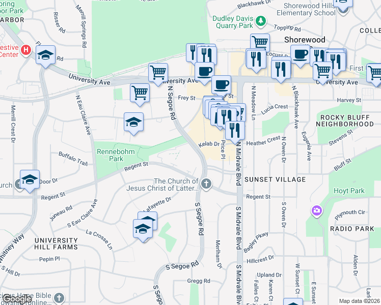 map of restaurants, bars, coffee shops, grocery stores, and more near 406 North Segoe Road in Madison