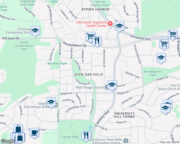 map of restaurants, bars, coffee shops, grocery stores, and more near 5379 Temple Court in Madison