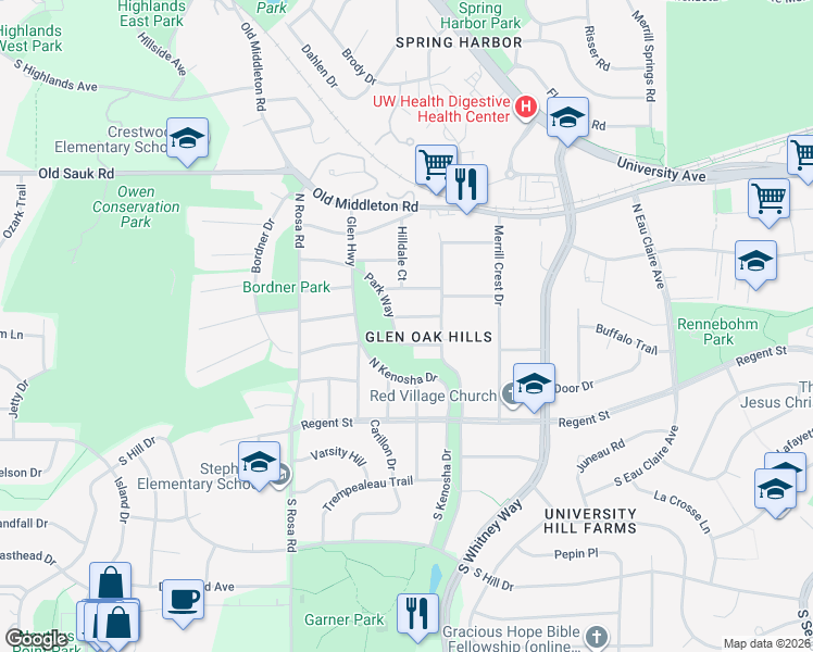 map of restaurants, bars, coffee shops, grocery stores, and more near 5379 Temple Court in Madison