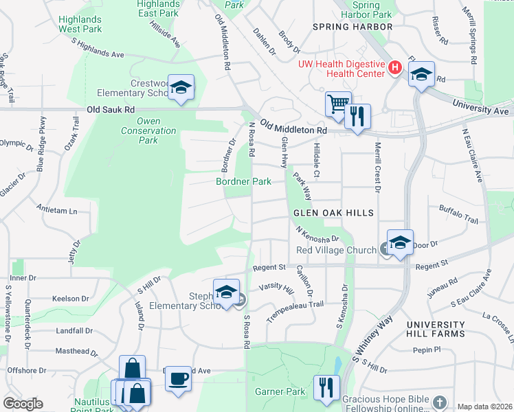 map of restaurants, bars, coffee shops, grocery stores, and more near 5530 Marconi Street in Madison