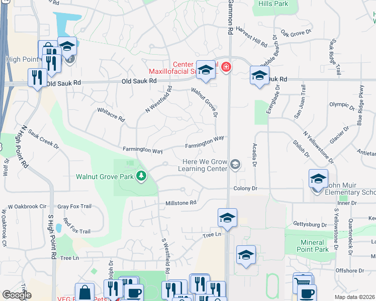 map of restaurants, bars, coffee shops, grocery stores, and more near 7117 Farmington Way in Madison