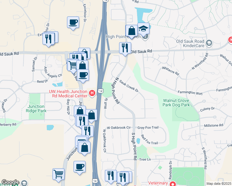 map of restaurants, bars, coffee shops, grocery stores, and more near 405 North High Point Road in Madison
