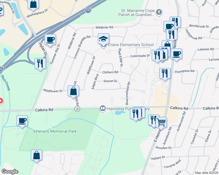 map of restaurants, bars, coffee shops, grocery stores, and more near 68 Eagan Boulevard in Rochester