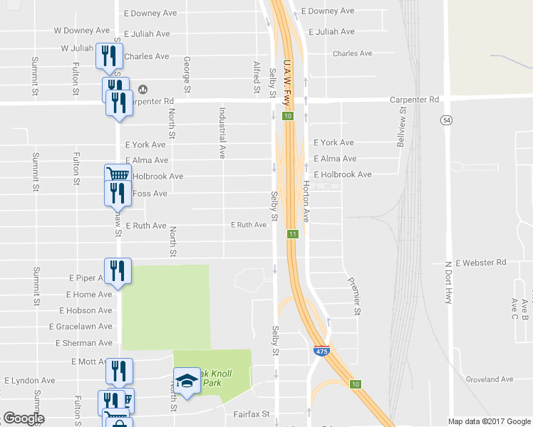map of restaurants, bars, coffee shops, grocery stores, and more near 1066 East Lorado Avenue in Flint