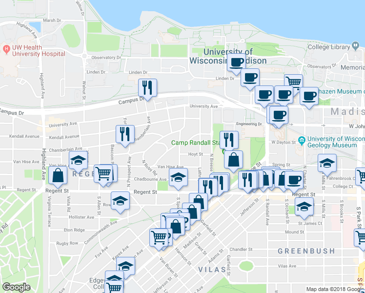 map of restaurants, bars, coffee shops, grocery stores, and more near 1727 Summit Avenue in Madison