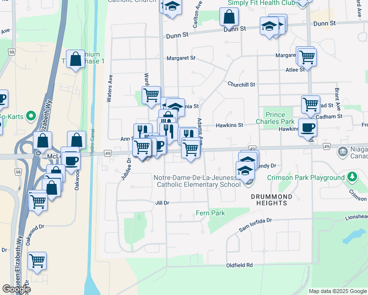 map of restaurants, bars, coffee shops, grocery stores, and more near 6817 Regional Road 49 in Niagara Falls