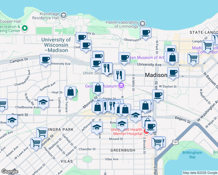 map of restaurants, bars, coffee shops, grocery stores, and more near 134 North Orchard Street in Madison