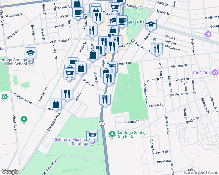 map of restaurants, bars, coffee shops, grocery stores, and more near 148 South Broadway in Saratoga Springs