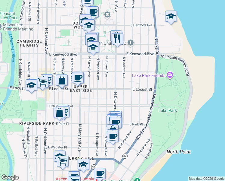 map of restaurants, bars, coffee shops, grocery stores, and more near 2866 North Stowell Avenue in Milwaukee
