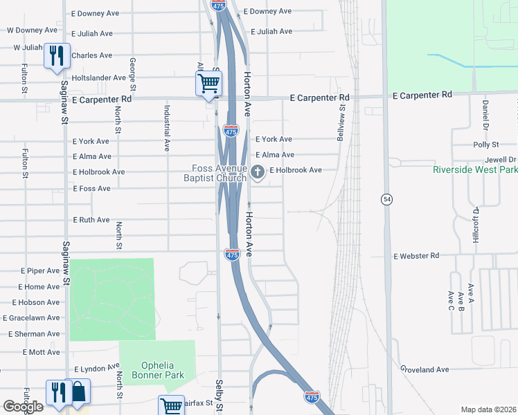 map of restaurants, bars, coffee shops, grocery stores, and more near 1162 East Lorado Avenue in Flint