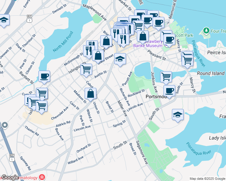 map of restaurants, bars, coffee shops, grocery stores, and more near 55 Miller Avenue in Portsmouth