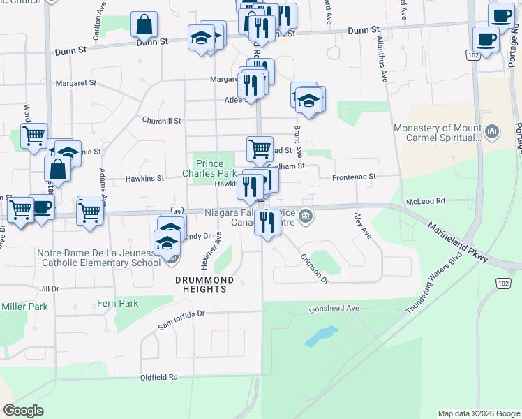 map of restaurants, bars, coffee shops, grocery stores, and more near McLeod Road & Drummond Road in Niagara Falls