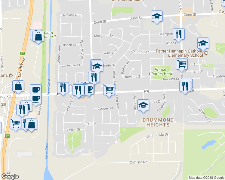 map of restaurants, bars, coffee shops, grocery stores, and more near 6745 McLeod Road in Niagara Falls