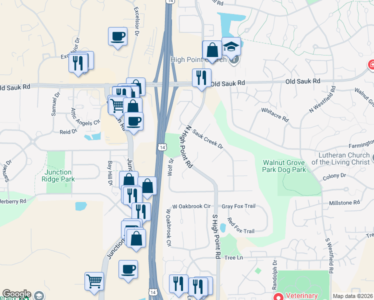 map of restaurants, bars, coffee shops, grocery stores, and more near 405 North High Point Road in Madison