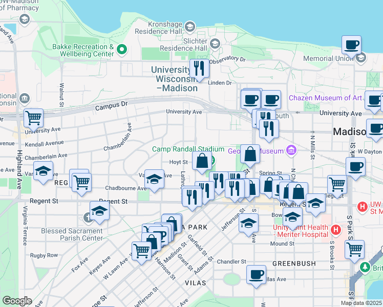 map of restaurants, bars, coffee shops, grocery stores, and more near 132 North Breese Terrace in Madison