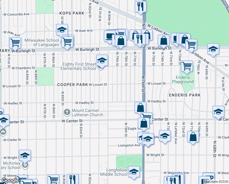 map of restaurants, bars, coffee shops, grocery stores, and more near 2850 North 79th Street in Milwaukee